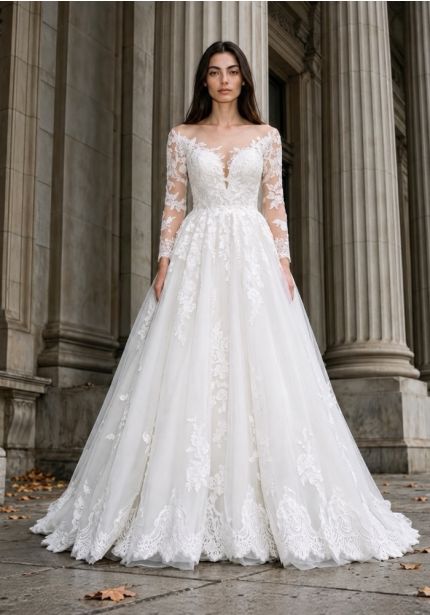 Embroidered Long Sleeve Wedding Dress