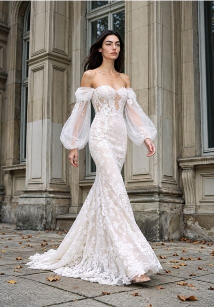 Embroidered Long Sleeve Wedding Dress
