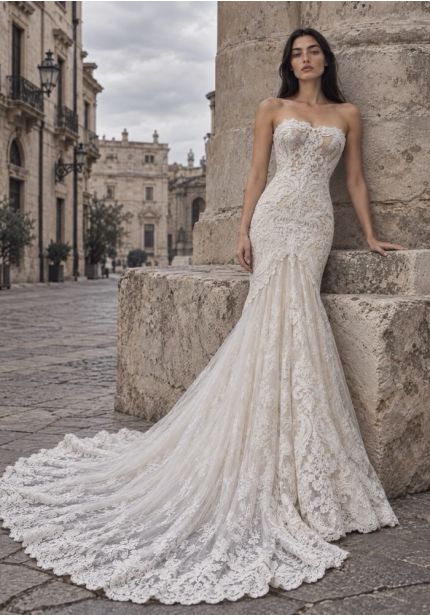 Embroidered Long Train Wedding Dress