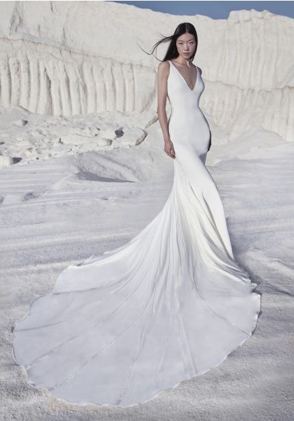 Embellished Sheer Back Crepe Wedding Dress