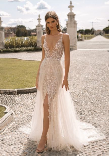 Beaded Wedding Dress with Thigh-High Slit