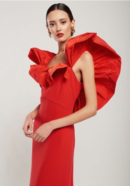 Graphic Ruffle Crepe Dress