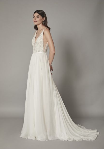 Beaded Flowers Chiffon Wedding Gown