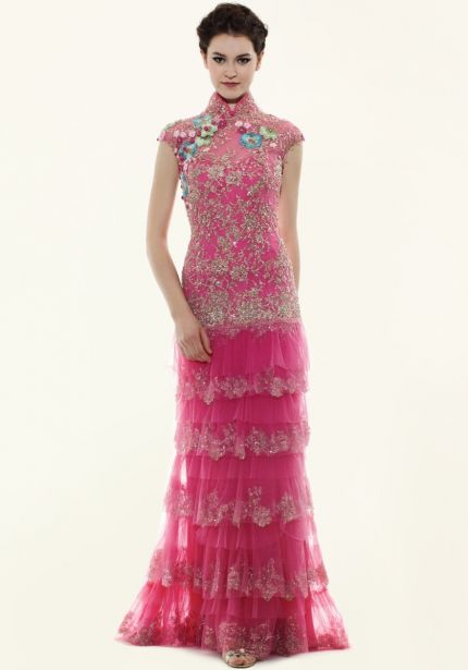 Embroidered Flowers Pink Cheongsam