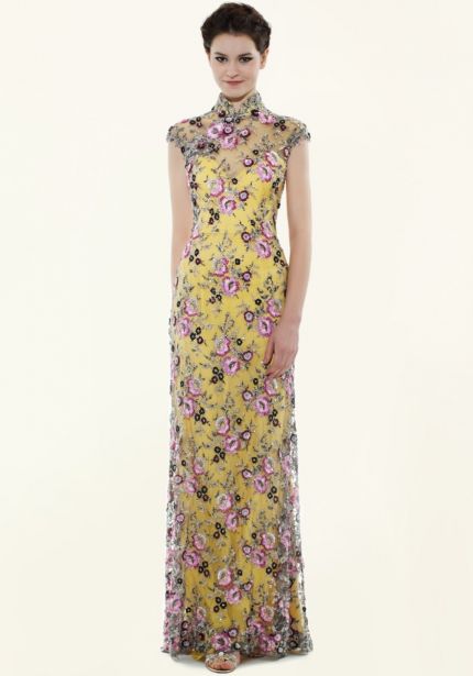 Heavily Beaded Yellow Cheongsam