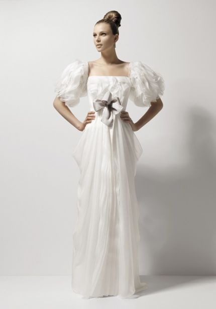 Draped Wedding Dress with Ruffle Sleeves