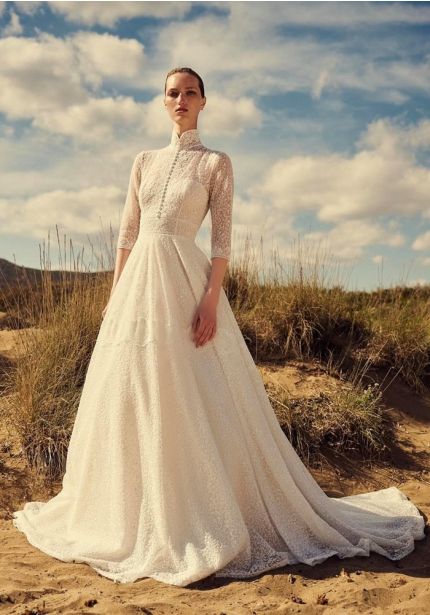 Embroidered High Neck Wedding Dress