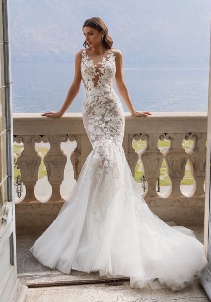 Embroidered Illusion Back Wedding Dress