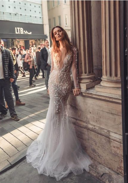 Beaded Flowers Long Sleeves Wedding Dress