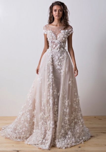 Floral Blossom Wedding Dress with Princess Overskirt