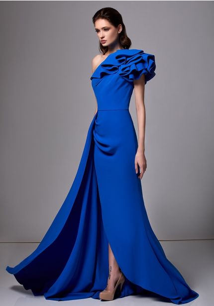 Ruffle Column Crepe Gown