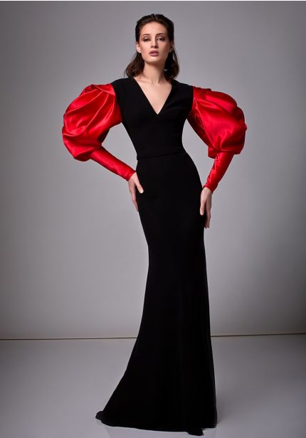 Black Crepe Gown With Puffed Sleeves
