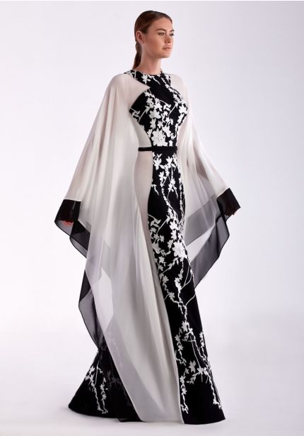 Embroidered Flowers Black/White Gown