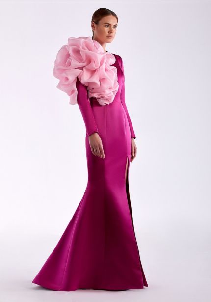 Pink Slit Gown With Ruffles