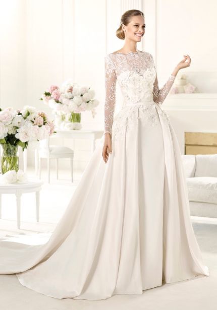 Embroidered Long Sleeves Satin Ball Gown