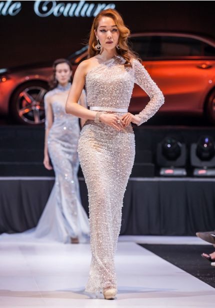 Heavily Beaded One-Shoulder Gown