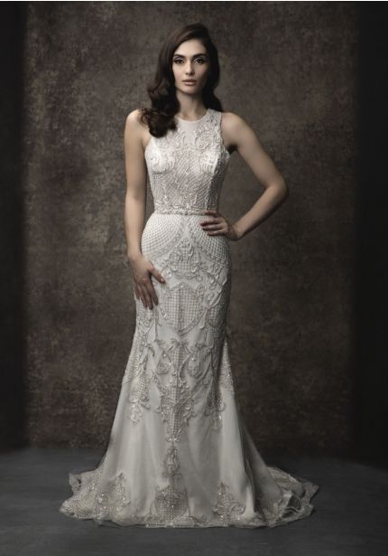 Heavily Beaded Wedding Dress with Sheer Back