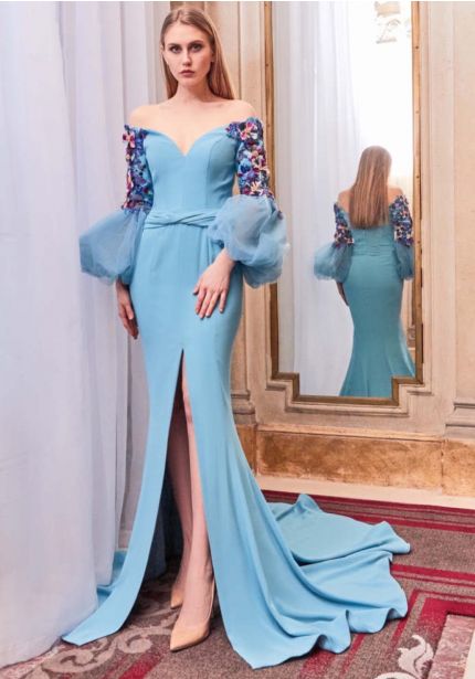Embroidered Flowers Blue Crepe Gown