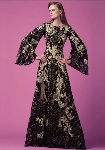 Sequined Black/Gold Tulle Gown
