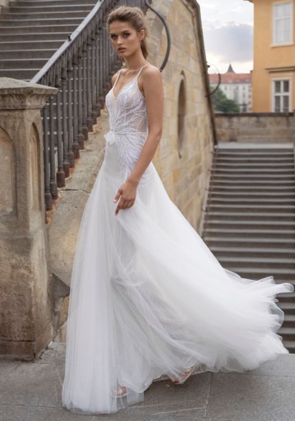 Embroidered Tulle Wedding Dress with Open Back