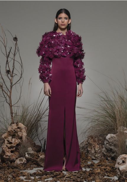 Long Sleeve Floral Slit Gown