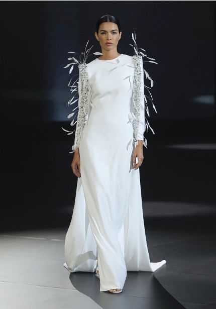 Beaded Long Sleeve Crepe Gown