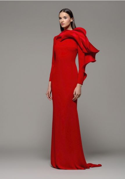 Ruffle Long Sleeve Evening Gown