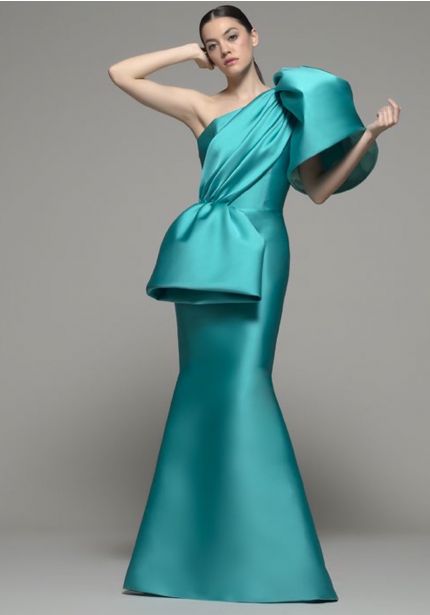 One-Shoulder Teal Satin Gown
