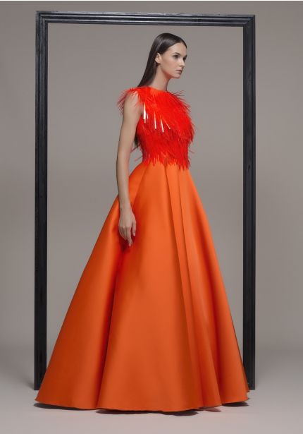 Satin Ball Gown With Fringes