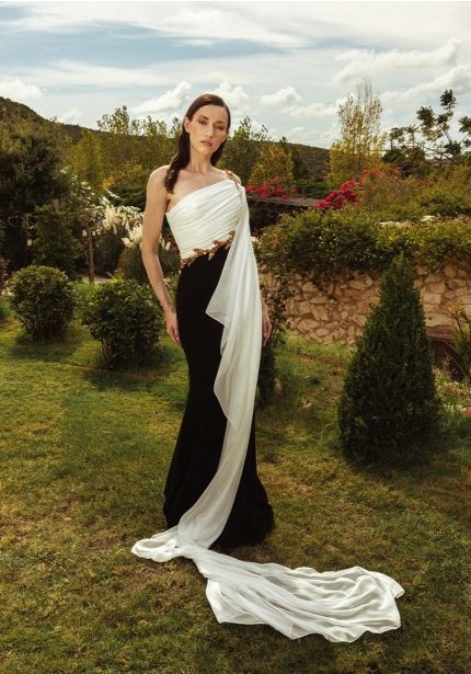 Draped Black/White Evening Gown