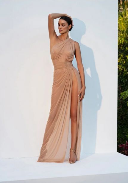 Draped Tulle Slit Gown