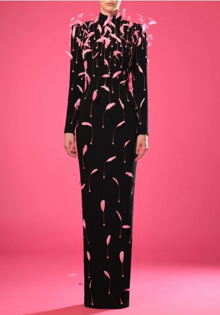 Long Sleeve Feather Evening Gown