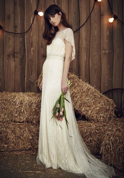 Beaded Boho Wedding Dress with Open Back