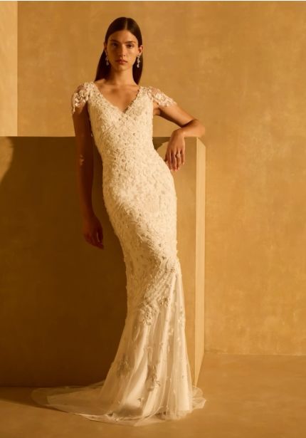 Embroidered Sheer Back Wedding Dress
