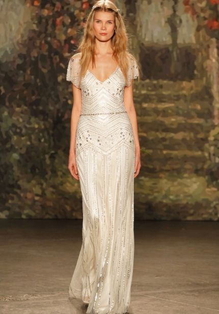 Beaded Wedding Dress with Sheer Sleeves