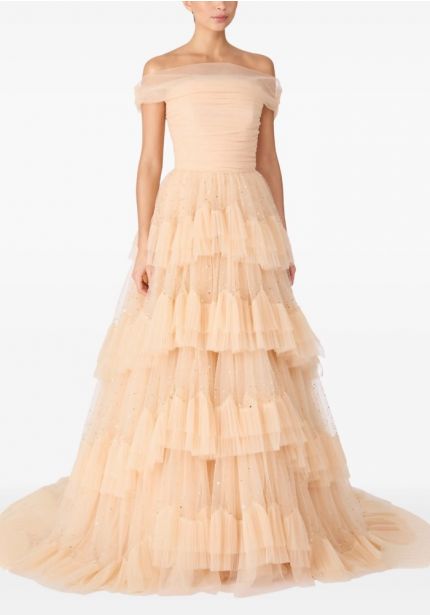 Sequin-Detail Tiered Gown
