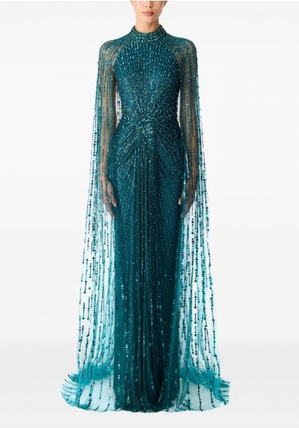 Embellished Cape-Detail Gown