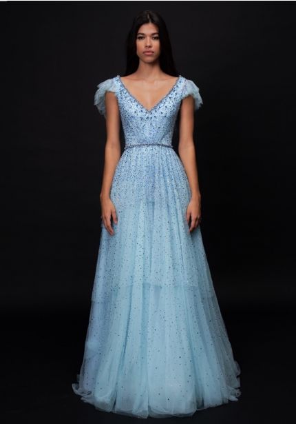 Beaded Cap Sleeve Evening Gown