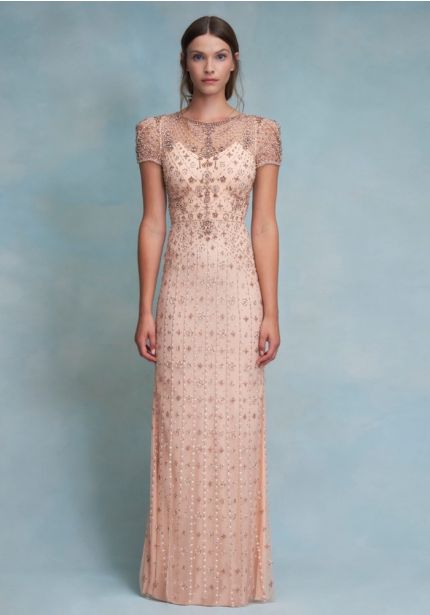 Beaded Short Sleeve Evening Gown