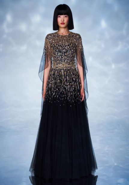 Embellished Cape-Effect Evening Gown