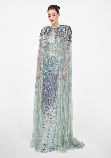 Aquamarine Sequined Tulle Gown