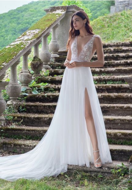 Embellished Tulle Slit Gown