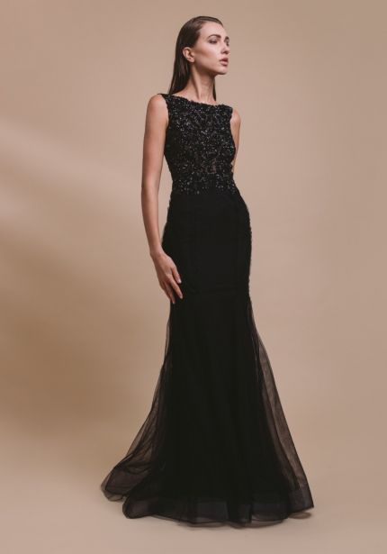 Embellished Black Tulle Gown