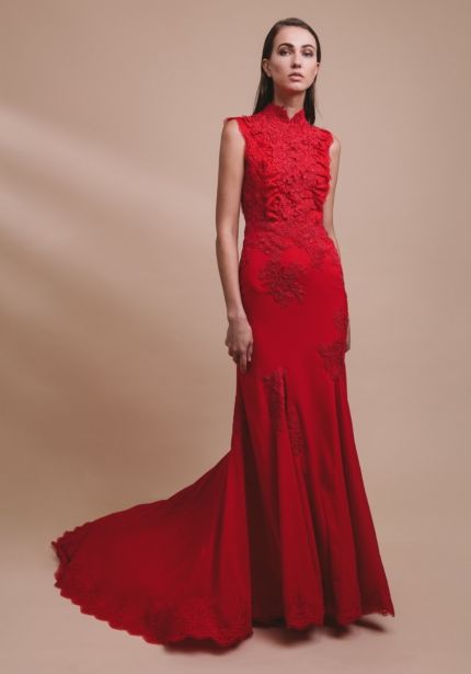 Embroidered Red Chiffon Gown