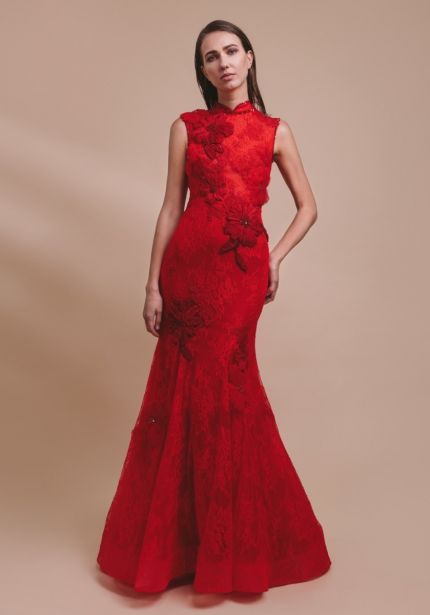 Embellished Flowers Red Lace Cheongsam