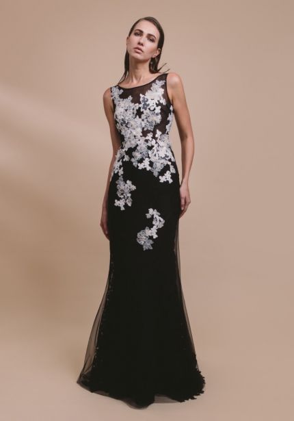 Beaded Flowers Black Tulle Gown