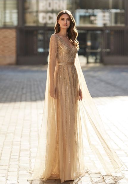 Embellished Cape-Detail Gown