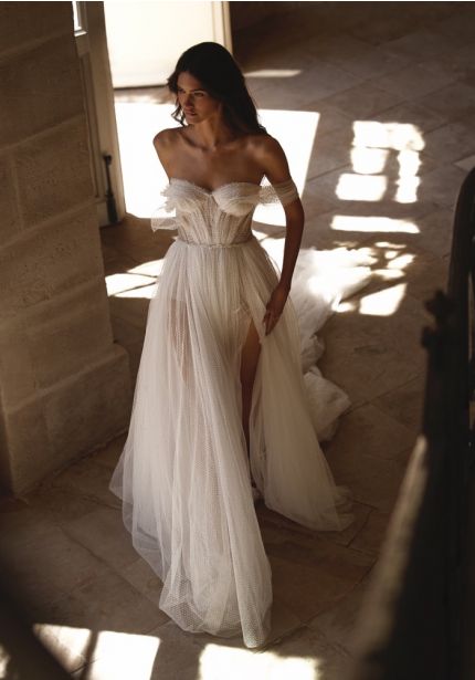 Draped Polka Dot Tulle Wedding Dress