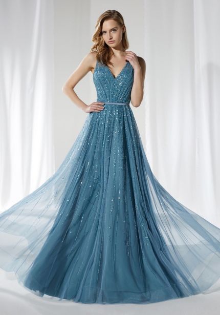 Embellished V-Neck Tulle Gown