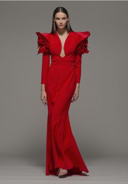 Mermaid Red Gown With Rosette Sleeves